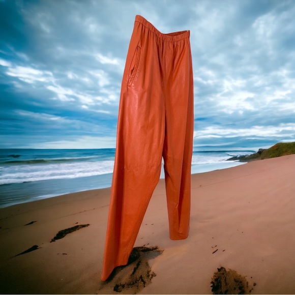 RARE Vintage 80's Vakko NYC Coral Leather Buttery Soft jogging Pants - Picture 2 of 8